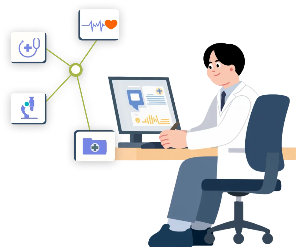 Pharmacist at a workstation connected to clinical module icons