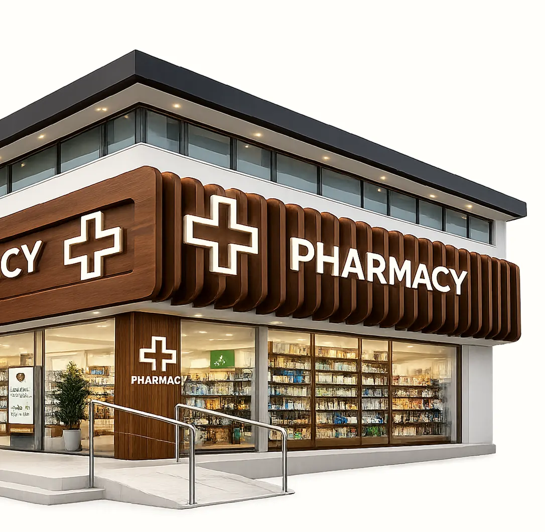 Modern independent pharmacy storefront