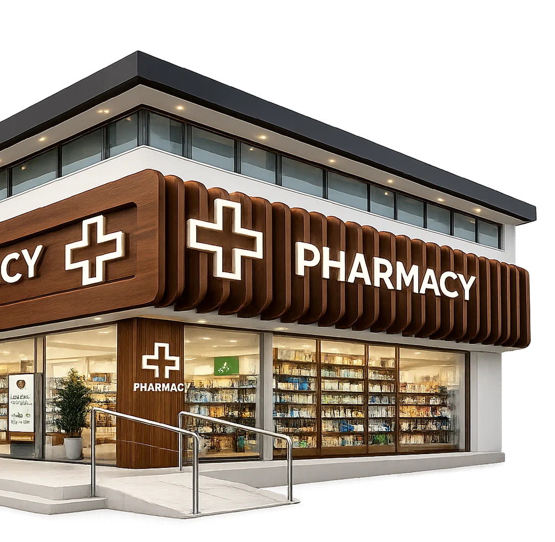 Modern independent pharmacy storefront