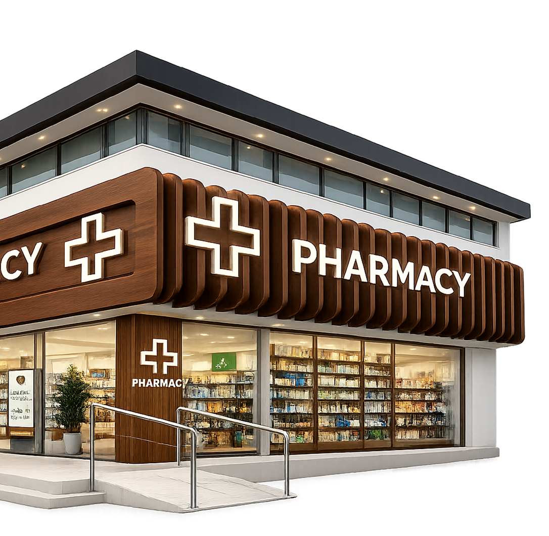 Modern independent pharmacy storefront